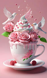 a tea cup with a bird on top of it