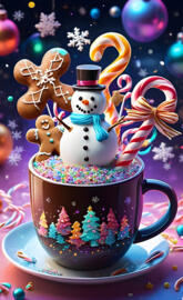 a tea cup with a snowman and reindeer on it