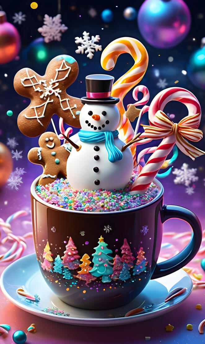 a tea cup with a snowman and reindeer on it