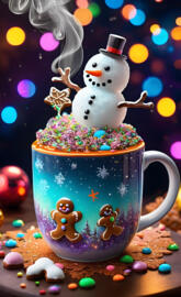 a cup of ice cream with a snowman and candy in the background