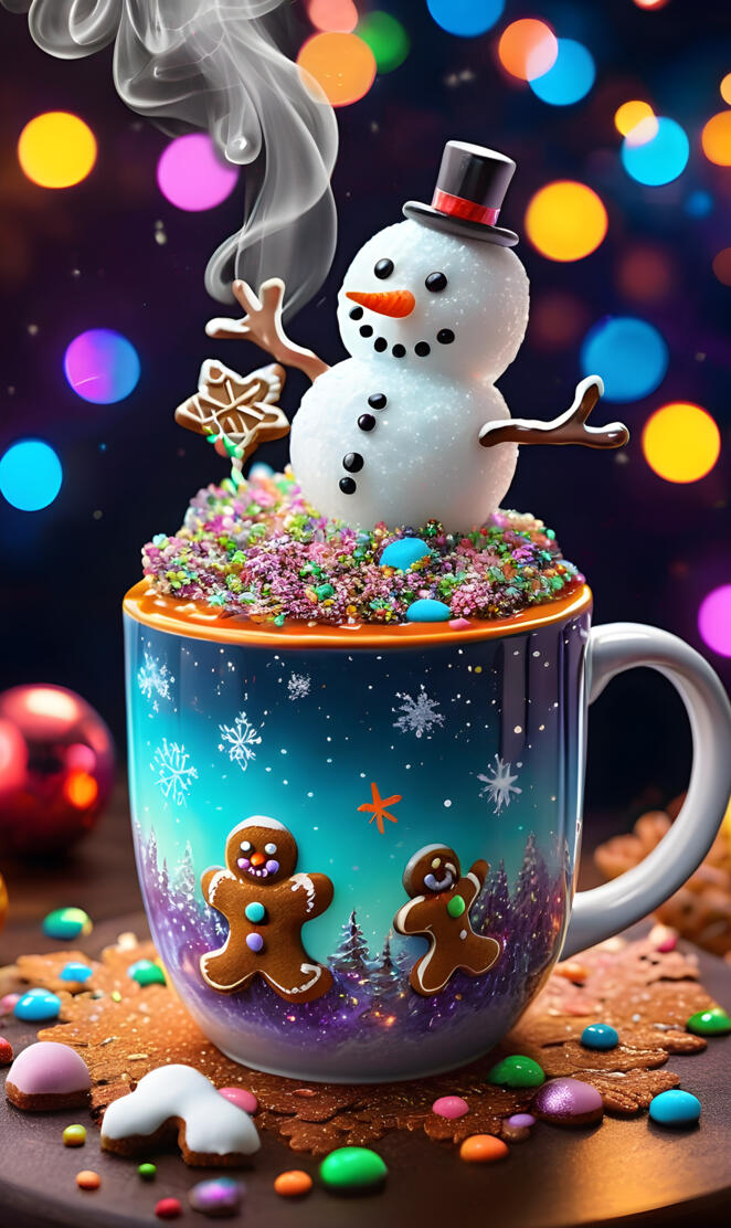 a cup of ice cream with a snowman and candy in the background