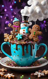 a tea cup with a couple of snowmen on top