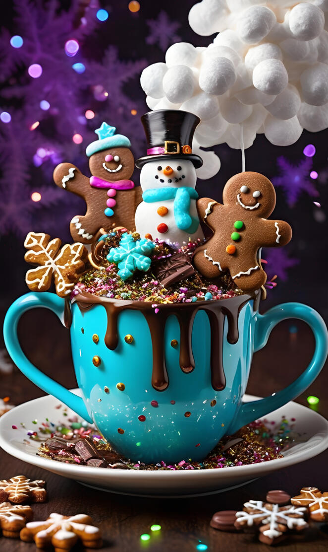 a tea cup with a couple of snowmen on top