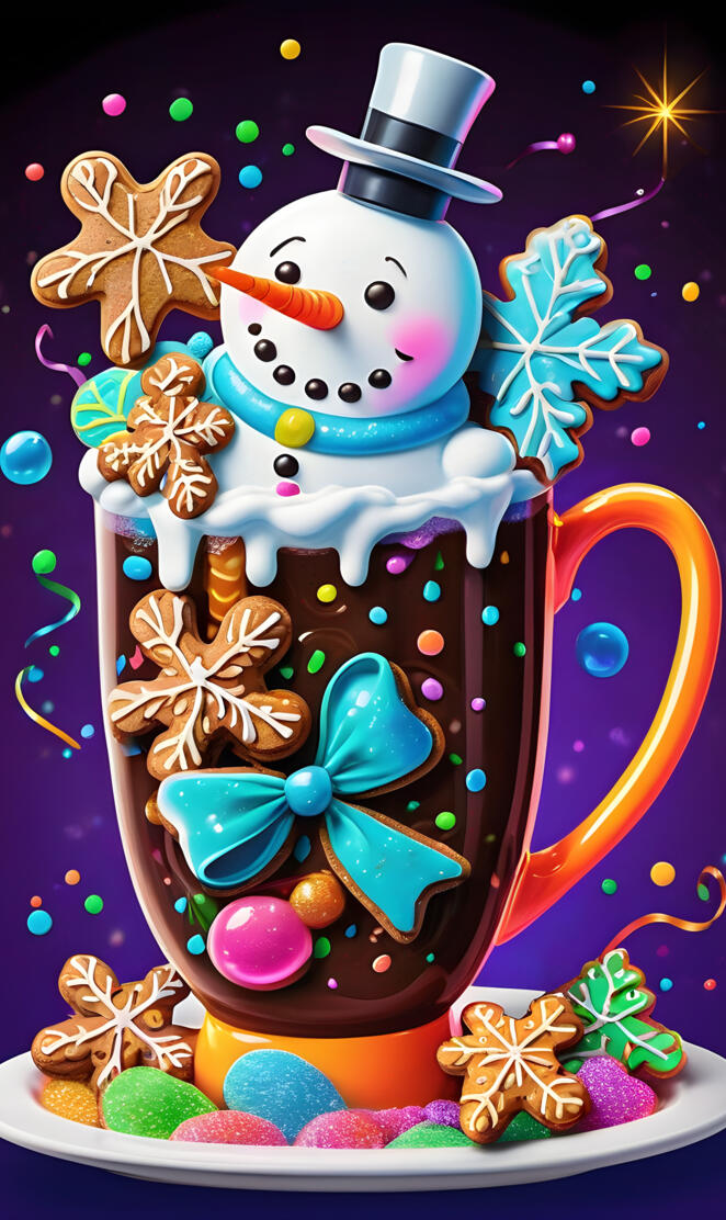 a snowman with a hat and candy on it