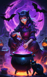 Witch with black cat and bubbling cauldron in purple