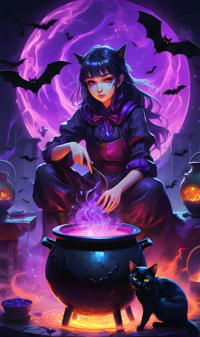 Witch with black cat and bubbling cauldron in purple