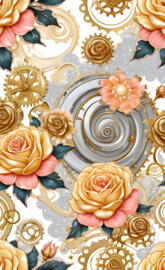 a table full of gold and silver plates and flowers