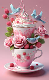 a tea cup with birds on top