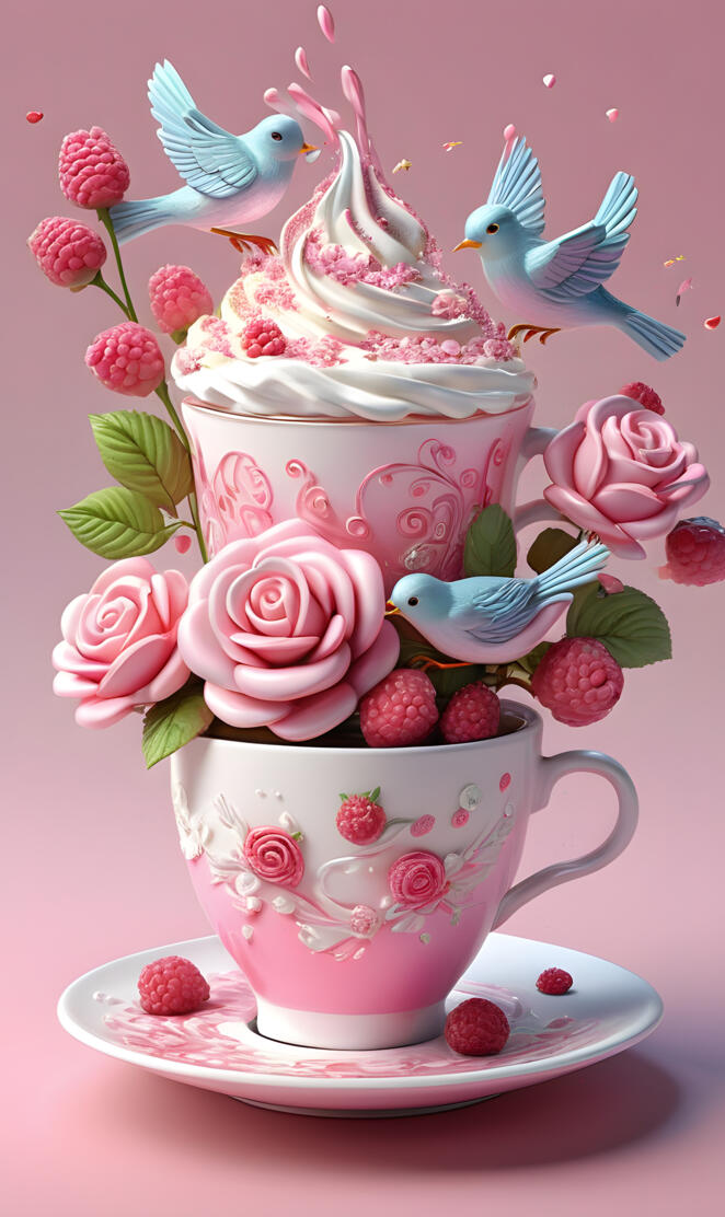 a tea cup with birds on top