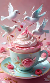 a tea cup with birds flying around it