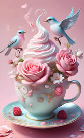 a tea set with birds on top