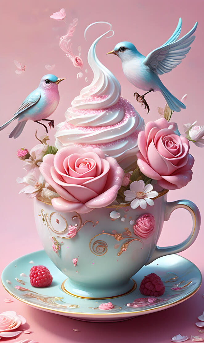 a tea set with birds on top