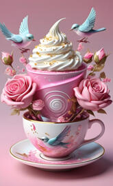 a tea cup with a cake and birds on top