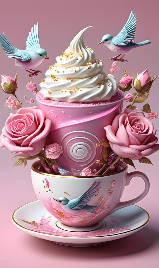 a tea cup with a cake and birds on top