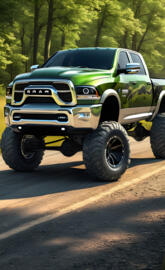 A 2025 Dodge Ram 4x4 4-door Pickup Truck, With A Camo Paint Job.