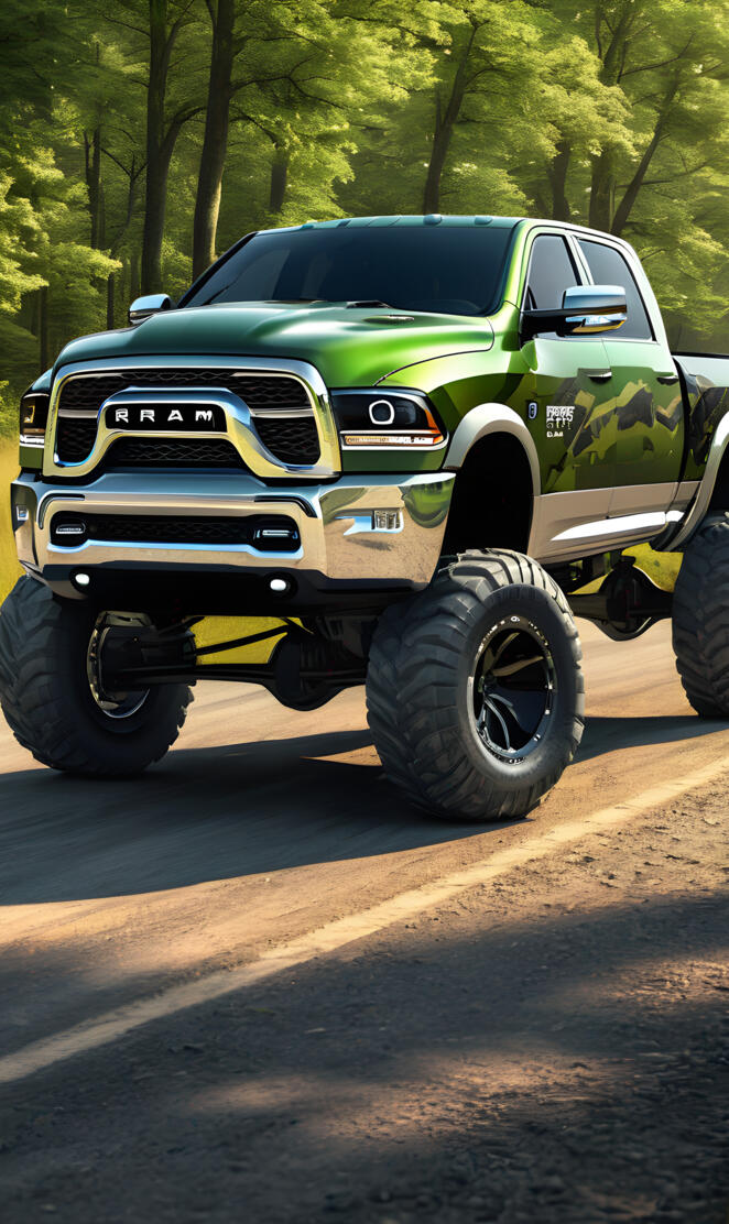 A 2025 Dodge Ram 4x4 4-door Pickup Truck, With A Camo Paint Job.