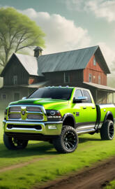 A Lime Green Dodge Ram 4x4 4-door Pickup Truck With Black Decals.