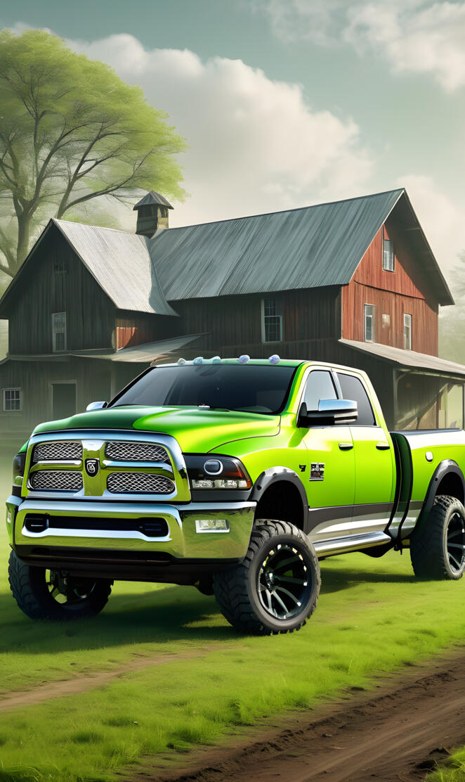 A Lime Green Dodge Ram 4x4 4-door Pickup Truck With Black Decals.