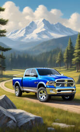 Blue Dodge Ram 4x4 4-door Pickup, With Beautiful Fields Background.