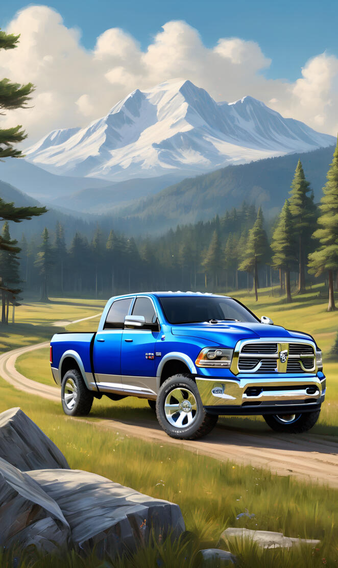 Blue Dodge Ram 4x4 4-door Pickup, With Beautiful Fields Background.