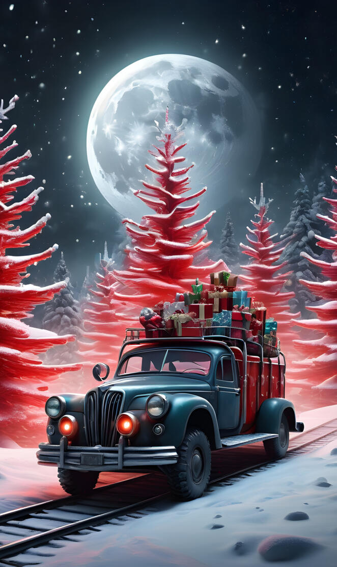 a car with a lot of christmas trees and a moon in the background