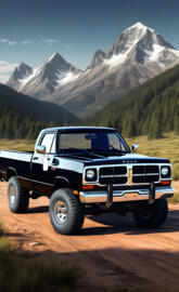 Black Dodge 4x4 Pickup Truck, and Beautiful Scenery.