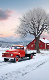 a red truck parked in the snow