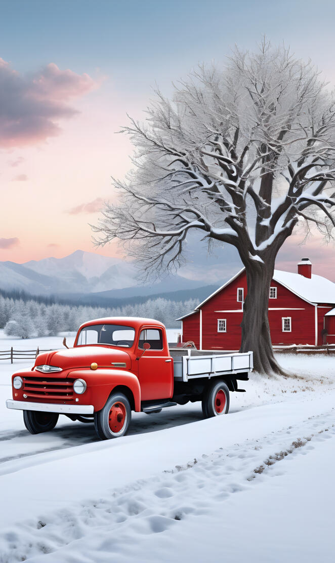 a red truck parked in the snow