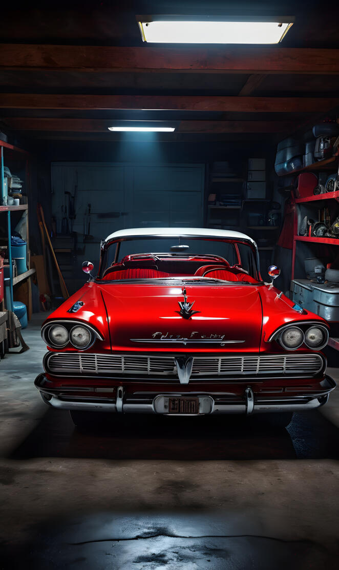 a red car in a garage