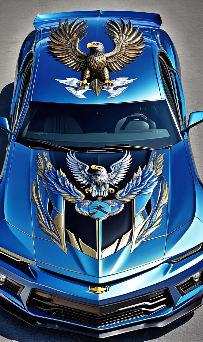 a blue car with a bird on the hood