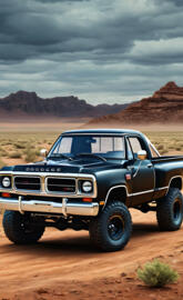 Black Dodge 4x4 Pickup Truck, With Roll Bars.