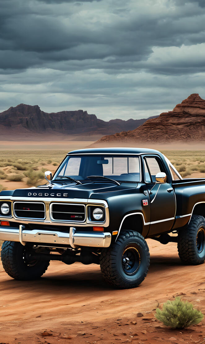 Black Dodge 4x4 Pickup Truck, With Roll Bars.