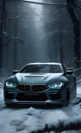 a car parked in the snow,BMW M8, bmw m8,snow,dark
