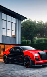a red sports car parked outside a house