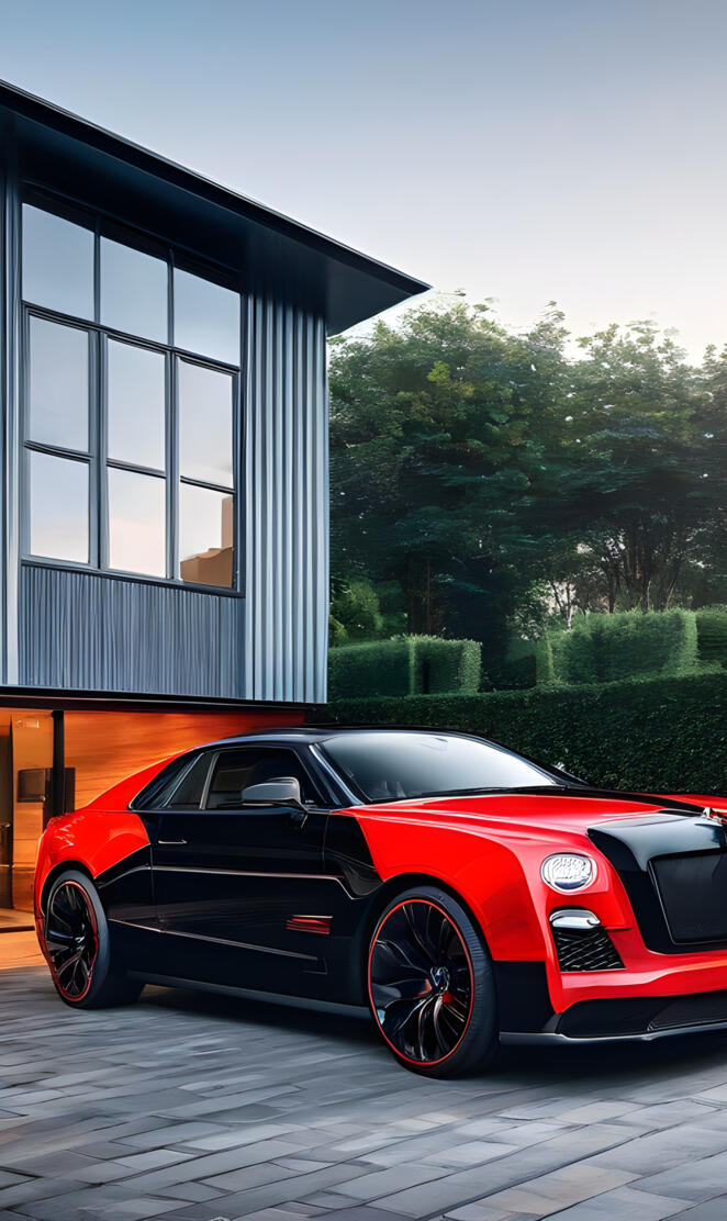 a red sports car parked outside a house