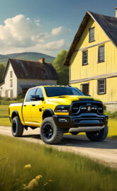 A Yellow Dodge Ram 4x4 4-door Pickup Truck In The Countryside.
