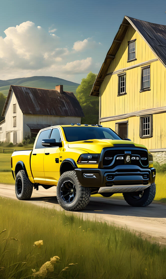 A Yellow Dodge Ram 4x4 4-door Pickup Truck In The Countryside.