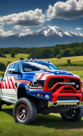 Patriotic Red, White, And Blue 2025 Dodge Ram 4x4 4-door Pickup Truck.