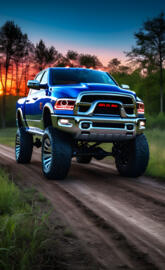 a blue truck on a dirt road