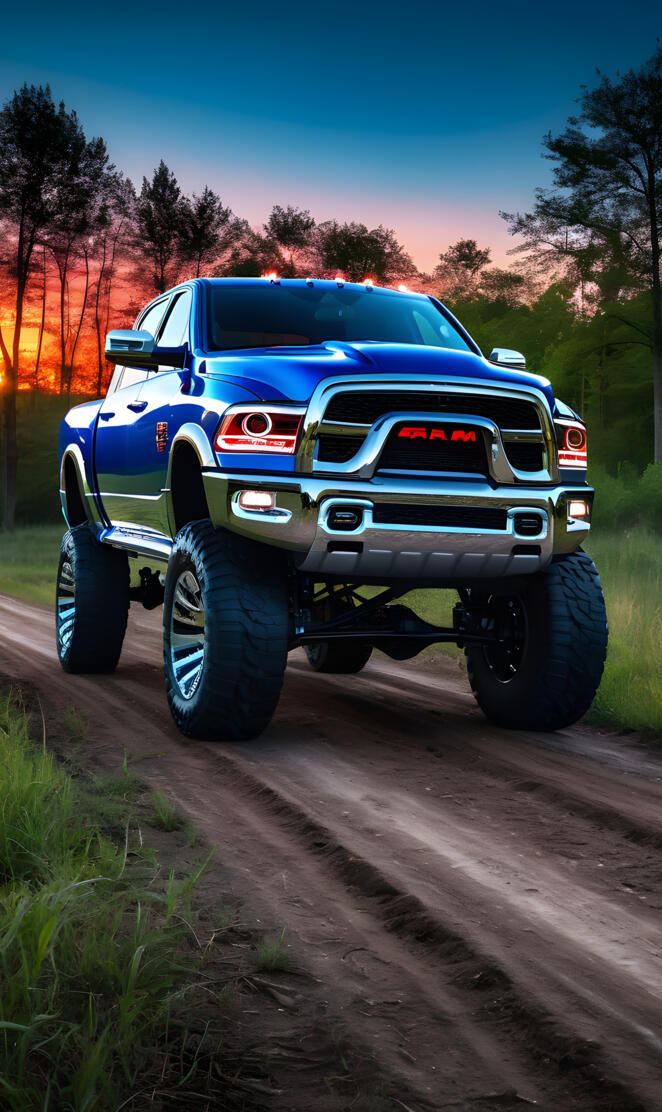 a blue truck on a dirt road