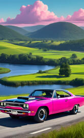 A Beautiful Bright Pink 1970 Plymouth Roadrunner In The Countryside.