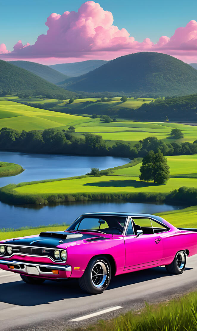 A Beautiful Bright Pink 1970 Plymouth Roadrunner In The Countryside.