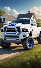 A White 2025 Dodge Ram 4x4 4-door Pickup, With Pretty Blue Stripes.