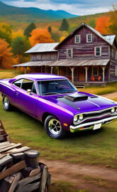 A Plum Crazy Purple, 1968 Plymouth Roadrunner, And An Old Farmhouse.