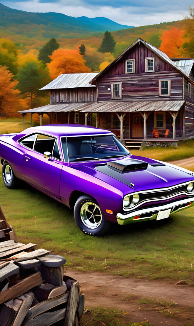 A Plum Crazy Purple, 1968 Plymouth Roadrunner, And An Old Farmhouse.
