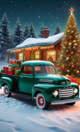 a green truck parked in front of a christmas tree