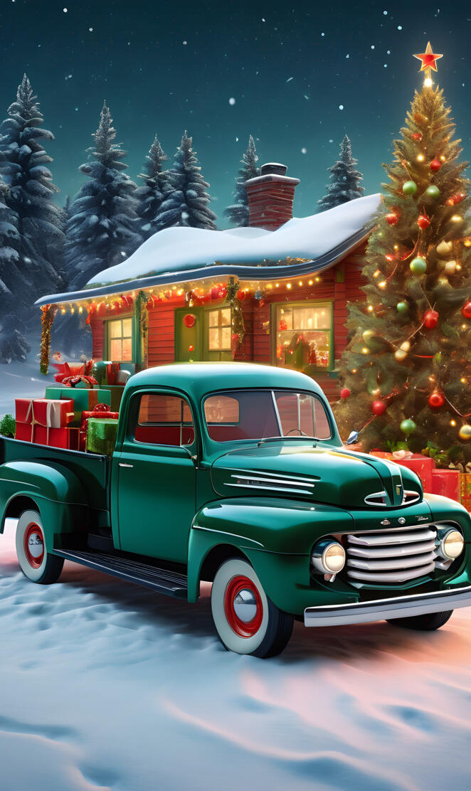a green truck parked in front of a christmas tree