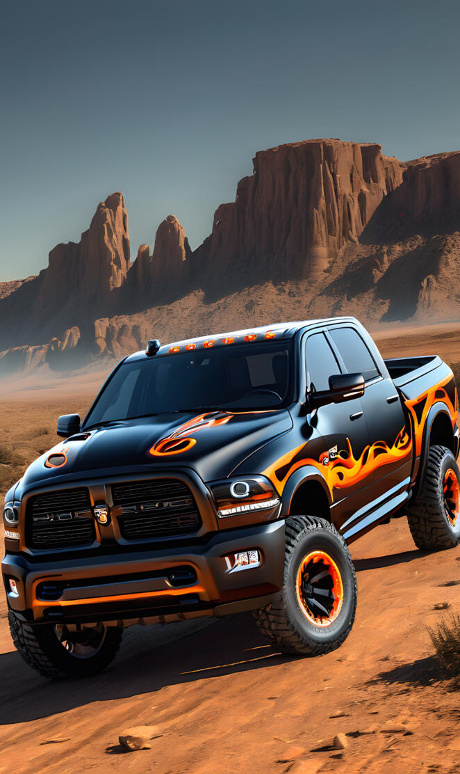Dodge Ram 4x4 4-door Pickup Truck, Black With Orange Flames Decals.