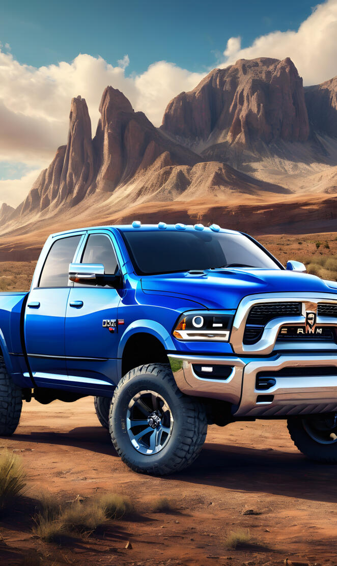 A New Beautiful Blue Dodge 4x4 4-door 1/ 2 Ton Pickup Truck.