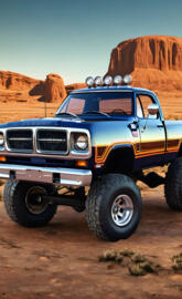 A Dark Blue Dodge 4x4 Pickup, With Side Decals and Fog Lights.